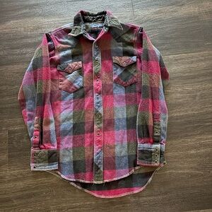 Vintage 80s Wrangler Pearl Snap Brushpopper Maroon Blue Purple Flannel Shirt